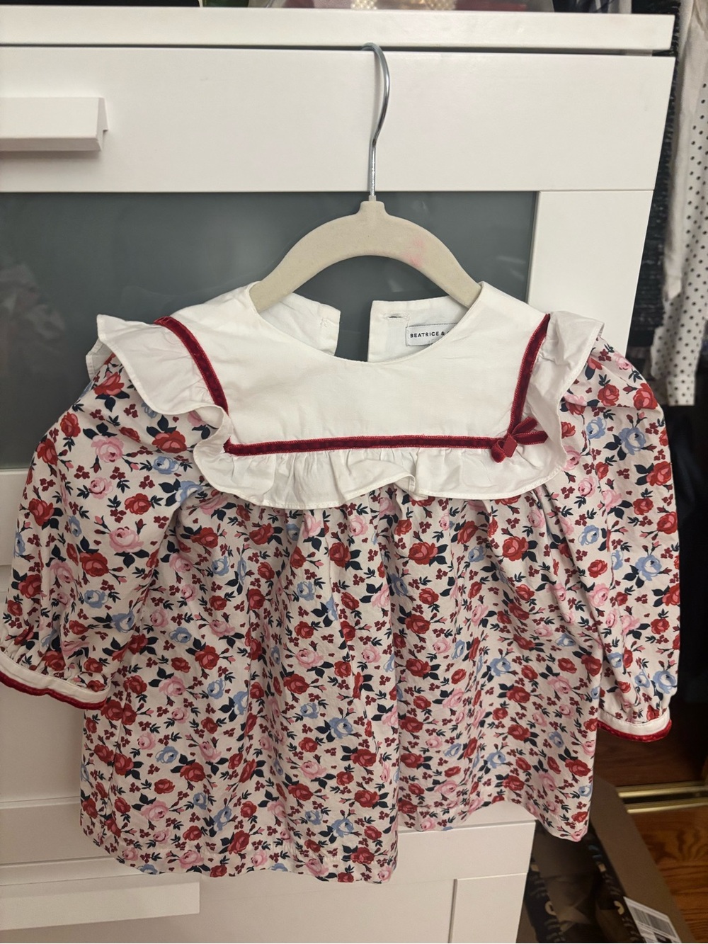 Beatrice & George White Dress with Red Velvet Trim